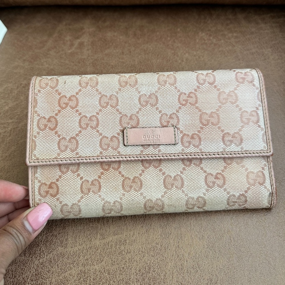 Authentic Gucci Wallet Long GG Logo Canvas Leather Trifold